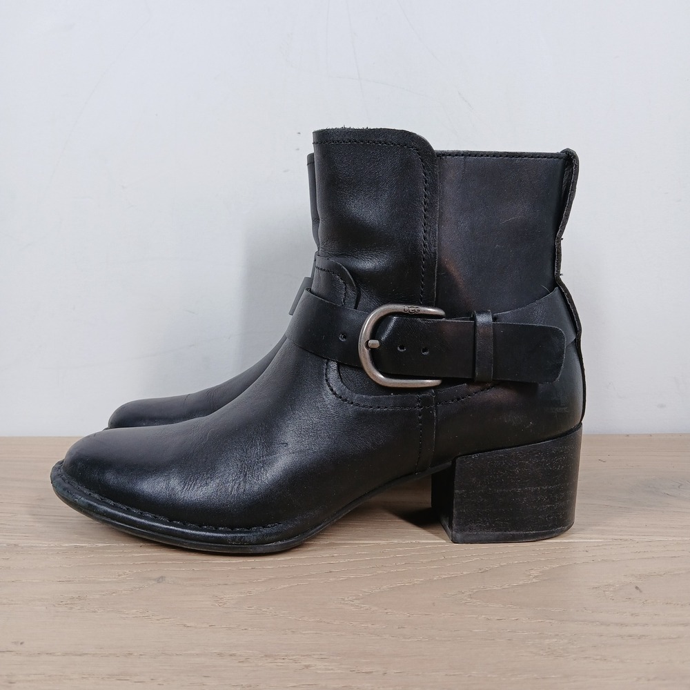 UGG Ankle Boots Womens 7 Black Leather Buckle Harness Block Heel Moto Grunge